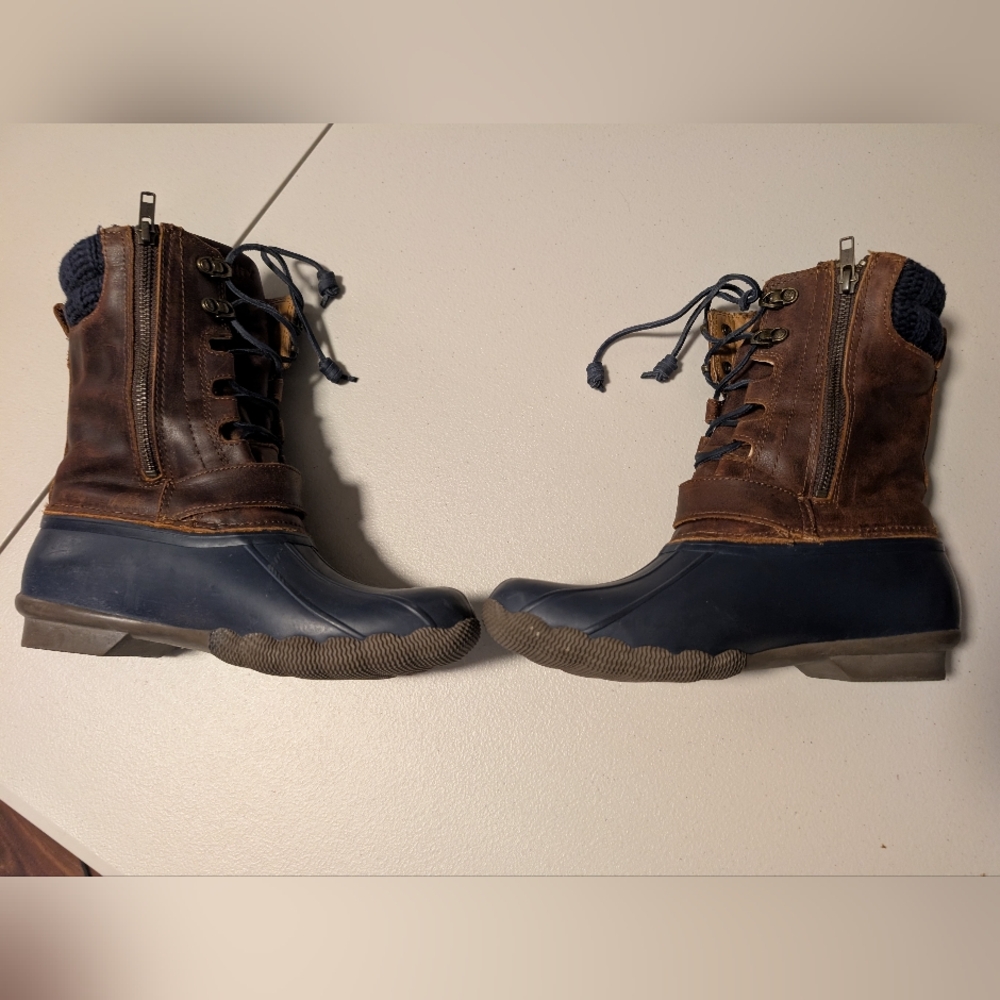 Sperry Women's Saltwater Duck Boot Brown Leather Blue Winter Boots Size 8.5